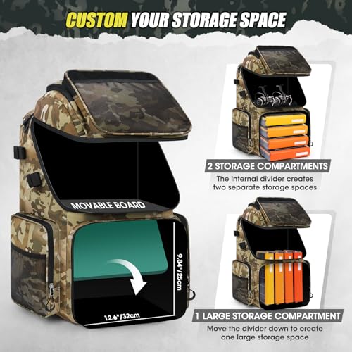 RAINSMORE 45L Fishing Backpack with Rod Holders & Rain Cover Large 900D Water-resistant Fishing Tackle Bag Store Fishing Gear - color: Khaki Camouflage