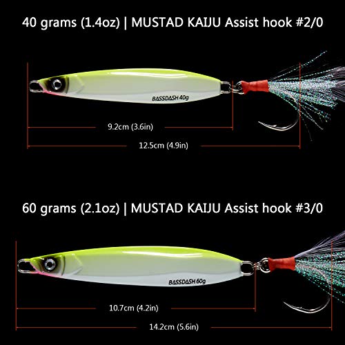 BASSDASH STIX Casting Jig Lure Vertical Slow Jigging Lures Mustad Hooks 0.7oz 1.1oz 1.4oz 2.1oz 2.8oz 3.9oz Mustad Hooks for Saltwater Freshwater Kayak Boat Shore Fishing, 3-Pack - size: 40 grams (1.4 oz)