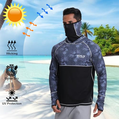 Men's Performance Fishing Shirts,Sun Protection Hoodie Long Sleeve UPF 50+ Hiking Shirt with Mask Cap - color: Dark Blue, size: Small