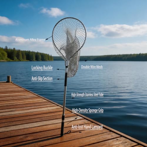 TyQuirlyn Telescopic Fishing Landing Net, 20" Round Frame 24" Deep Double-Strand Nylon Mesh, 63"-100" Dual Lock Stainless Steel Pole, 60LB Load for Big Fish & Animal Rescue
