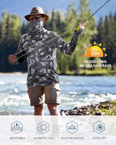 FISHEAL Men's Performance Fishing Hoodie Shirt - UPF 50+ Sun Protection Long Sleeve Thumbholes Shirts with Neck Gaiter - color: Charcoal Gray, size: XX-Large