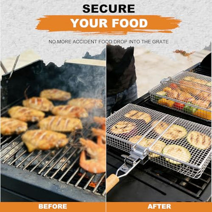Fish Grill Basket for Outdoor Grill, Stainless Steel ，Removable Wooden Handle, Locking Grill Basket for Fish, Shrimp & Vegetables, Portable Camping BBQ Accessories for Charcoal Grill, Backyard BBQ, Cookout & Tailgating