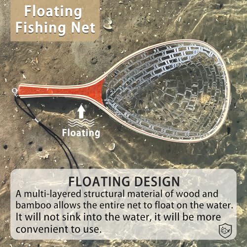 Fly Fishing Landing Net Trout Soft 23.62in Rubber Fish Net with Wooden Handle Frame Fly Fish Net