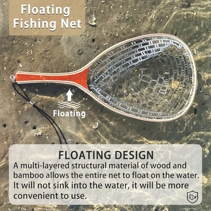 Fly Fishing Landing Net Trout Soft 23.62in Rubber Fish Net with Wooden Handle Frame Fly Fish Net