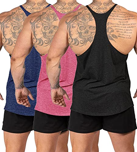 Stringer Bodybuilding Tank Tops Low Cut Off Gym Workout Training Stretch Polyester Quick Dry T Shirts - color: Black&blue&pink, size: Medium