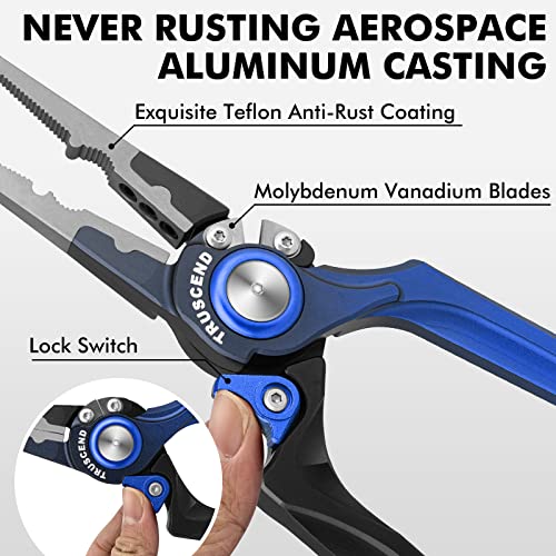 TRUSCEND Easy Use Lockable Fishing Pliers with Tungsten Carbide Cutter, Innovative Ergonomic Handy Handle, Saltwater Corrosion Resistant Teflon Coated Fishing Tool, Light Multi-Function Fishing Gear - color: D2-blue