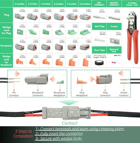 482 PCS DT Deustch Connector Kit, 2 3 4 6 8 12 Pin Waterproof Automotive Electrical Connectors, Including Deutsch Crimping Tool, Removal Tool, 16# Solid Contacts - size: 482Pcs Deutsch Connector Kit