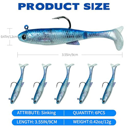 6PCS Soft Plastic Fishing Lures - 3.5in Swim Baits for Bass Pre-Rigged Jig Heads Walleye Fishing Lures with Paddle Tail Swimbaits for Bass Fishing Fishing Soft Plastic Lure Kit - color: Bule
