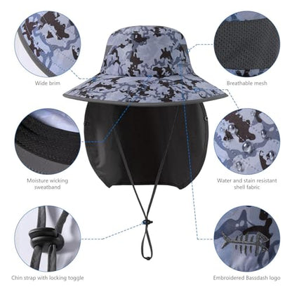 BASSDASH UPF 50+ Breathable Sun Hat with Removable Face Cover and Neck Flap Wide Brim Bucket Hat for Fishing Hiking Men Women - color: Storm Camo/Dark Grey
