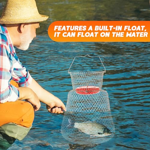 Floatable Galvanized Steel Wire Fish Basket | Collapsible and Portable Fishing Basket Cage, Robust and Easy to Use Fish Basket for Live Catch Outdoors