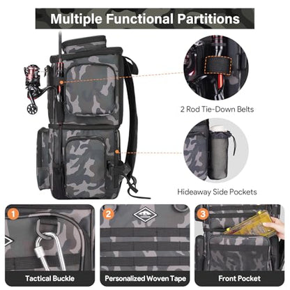 Fishing Tackle Backpack with Cooler Bag, 53L Waterproof Fishing Bag with 2 Rod Holders, Large Fishing Backpacks with Bottle Holder & Coolers, Tackle Storage, Heavy Duty Outdoor Cooler Backpack for Men
