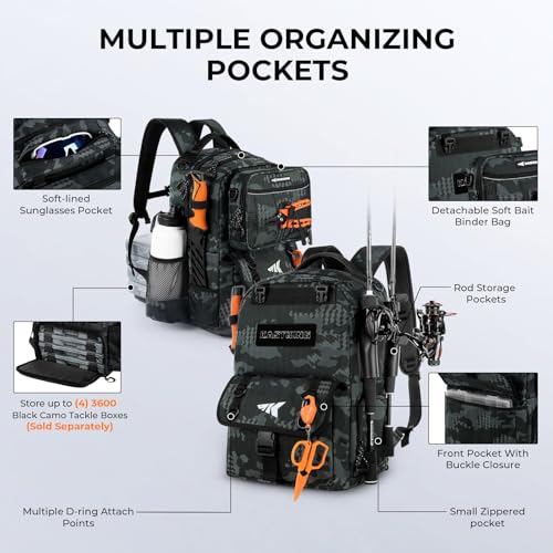 KastKing BaitSpace Fishing Tackle Backpack with Removable Bait Binder,2 Rod Holders Storage Fishing Gear and Equipment - color: F: Black Camo, size: Without tackle box