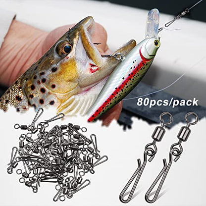 SILANON Fishing Barrel Snap Swivels,Rolling Barrel Swivels with Hanging Snaps Stainless High Strength Fishing Snap Clip Saltwater Freshwater Swivel Snap Fishing Tackle Connector - style: 2#-80pcs