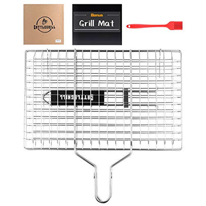 Foldable BBQ Fish Grill Basket with 430 Stainless Steel, Grill Set Includes: a Reusable Grill mat and a basting Brush.