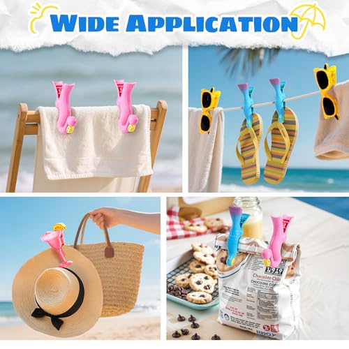 8 Pcs Towel Clips for Beach Chairs, Jumbo Size Beach Towel Clips Windproof Grip Secure Hang Towel Holder Clothes Pins Decorative Towel Clips for Pool, Cruise, Patio, Holiday Travel(Flamingo Style) - style: Style:Flamingo+Parrot+Sunglasses+Cocktail