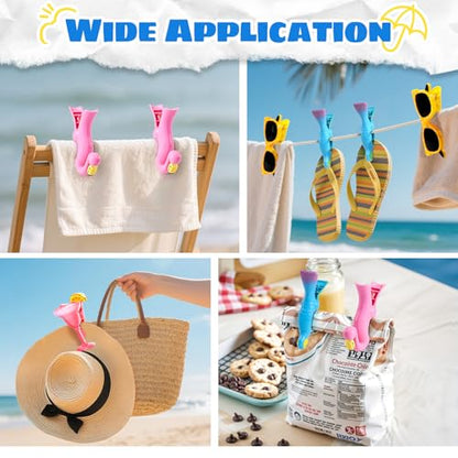 8 Pcs Towel Clips for Beach Chairs, Jumbo Size Beach Towel Clips Windproof Grip Secure Hang Towel Holder Clothes Pins Decorative Towel Clips for Pool, Cruise, Patio, Holiday Travel(Flamingo Style) - style: Style:Flamingo+Parrot+Sunglasses+Cocktail