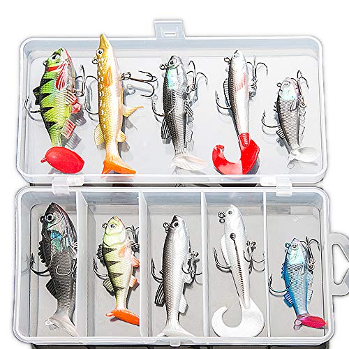 DONQL Soft Fishing Lures Kit, 10 Pcs Pre-Rigged Jig Heads, Paddle Tail Swimbaits for Bass, Trout, Walleye, Crappie, Sinking Swimbaits Tackle with Box, Shad Soft Bait Jigs for Freshwater Saltwater
