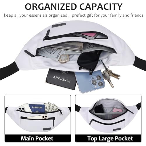 MAXTOP Large Crossbody Bags for Women Fanny Pack with 4-Zipper Pockets Adjustable Straps Travel Essentials for Music Concert Sports Yoga Running Walking Casual Hands-Free Waist Bag Fits All Phones - color: White