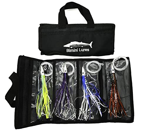 Fishing Lure Set of 4 Trolling Saltwater Skirted Lures: Rigged Lures and Black Bag Included. Catch Any Predatory Pelagic Fish in The Ocean Including Dolphin, Tuna, and Wahoo!