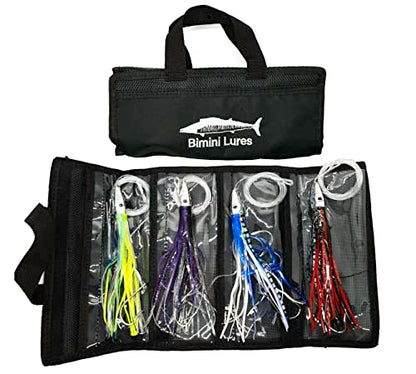 Fishing Lure Set of 4 Trolling Saltwater Skirted Lures: Rigged Lures and Black Bag Included. Catch Any Predatory Pelagic Fish in The Ocean Including Dolphin, Tuna, and Wahoo!