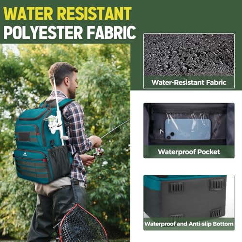 MATEIN Fishing Backpack Tackle Box, Tackle Backpack with Cooler for Men | Tackle Box Backpack, Fishing Bag with Rod Holders, Hold 4 3600 Tackle Boxes, Water Resistant, Gear Accessories, Fishing Gifts - color: Icy Blue & Grey