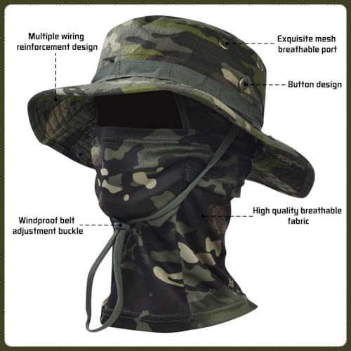 Camo Boonie Sun Hat with Balaclava Face Mask UV Protection Fishing Hat Bucket Hat for Hunting Hiking Military Tactical Safari - color: Camo Green