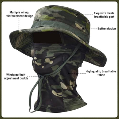 Camo Boonie Sun Hat with Balaclava Face Mask UV Protection Fishing Hat Bucket Hat for Hunting Hiking Military Tactical Safari - color: Camo Green