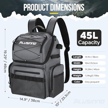 PLUSINNO Cooler Fishing Backpack with Rod Holders 45L Large Water-resistant Fishing Tackle bag Store Fishing Gear Fishing Gifts for Men Father - color: Grey jacquard with box