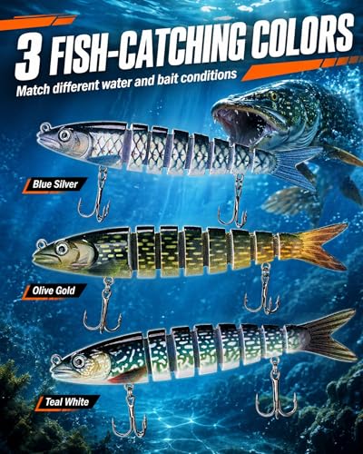 8-Segment Swimbait with High-Carbon Steel Hooks, 5.4" Lifelike Jointed Fishing Lure with Built-in Rattle & 3D Eyes, Magic Wiggling Action Swimbaits for Bass Trout Pike Walleye, Freshwater Saltwater