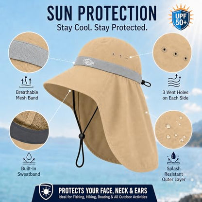 Palmyth Fishing Hat UPF 50+ Sun Protection Neck Flap Hat for Men and Women | Cooling Neck Flap, Water Resistant, Wide Brim, Detachable Chin Strap, Breathable Mesh, Sweatband, Adjustable Buckle, Packable - color: Khaki