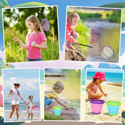 2 Pack Telescopic Kids Fishing Net with Handle, 2 Collapsible Bucket Sand Pail, Stainless Steel Foldable Fishing Net Small Fishing Butterfly Bug Net Beach Shovel with Storage Bag - color: Green Pink Purple Blue