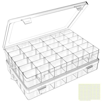 DILIBRA 2 Pack 36 Grids Large Plastic Organizer Box with Adjustable Dividers, Clear Craft Organizers Bead Organizers with Label Stickers, Compartment Container for Beads Crafts Jewelry Fishing Tackles - size: 2 Pack 72 Grids