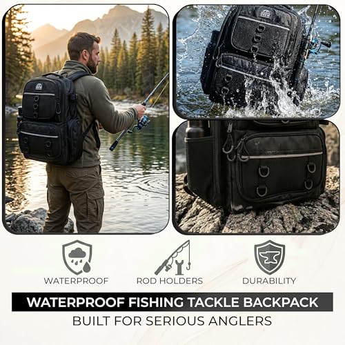 Fishing Backpack with Rod Holders and 4 Tackle Boxes, Waterproof Large Tackle Bag with 6 Pockets, Adjustable Dividers, Reinforced Base, Back Pack with Storage Boxes for Fishing Gear