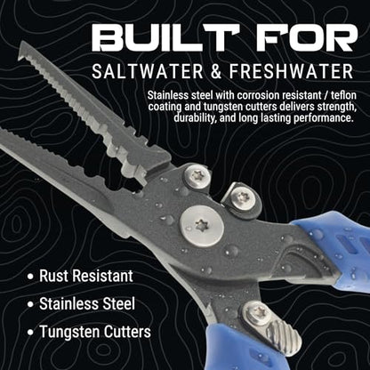 Reaction Tackle Fishing Pliers, Stainless Steel Saltwater Pliers with Braid Cutter, Hook Remover and Crimper, PTFE Coated Coated with Sheath and Lanyard - size: 6" Split Ring