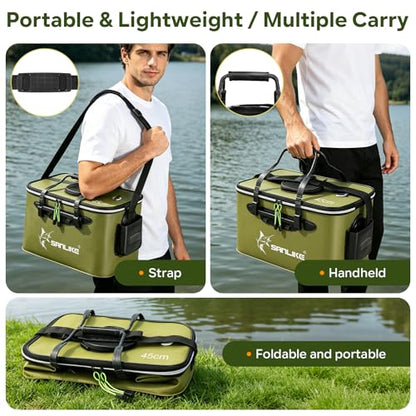 SANLIKE Foldable EVA Live Fish Bucket 35-45CM Leakproof Fishing Bait Pail | Leakproof EVA, 3 sizes. Strap, tackle pocket & mesh lid. Easy clean, dual colors for kayak bank fishing