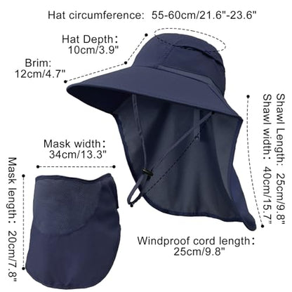 Sun Hats for Men Women Detachable Face Cover Wide Brim Fishing Hats with Neck Flap UPF 50+ Outdoor Safari Hats - color: Navy Blue