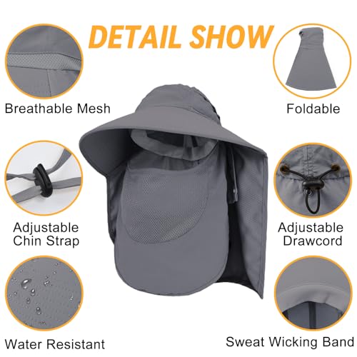 Sun Hats for Men Women Detachable Face Cover Wide Brim Fishing Hats with Neck Flap UPF 50+ Outdoor Safari Hats - color: Dark Grey