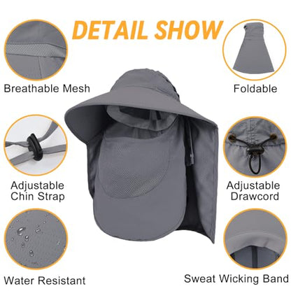 Sun Hats for Men Women Detachable Face Cover Wide Brim Fishing Hats with Neck Flap UPF 50+ Outdoor Safari Hats - color: Dark Grey