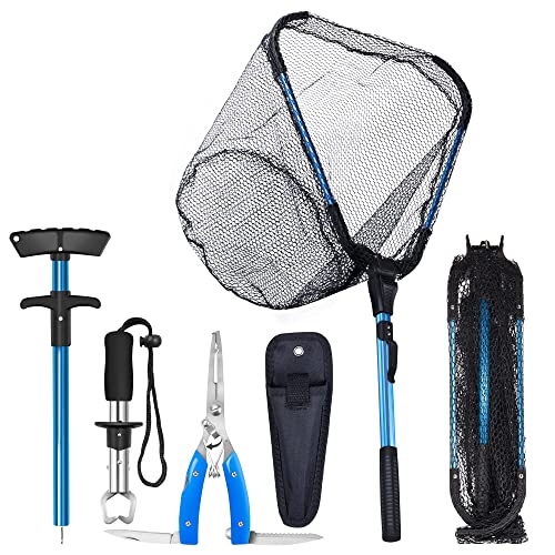 Foldable Kayak Landing Net Kit, 4PCS Fishing Tool Set | With Pliers, Fish Gripper & Hook Remover for Kayak Fishing, Boating, Shore Fishing, Freshwater & Saltwater - color: Blue 4pcs Fishing Tools Kits