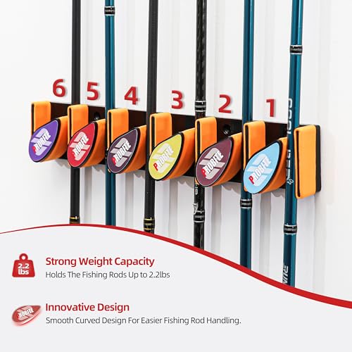 Wall Mounted Fishing Rod Holder for Garage, Horizontal & Vertical Fishing Rod Rack, Fishing Pole Storage with Soft EVA Protective Pad, Holds Up to 6 Rods or Combos, Fits Most Fishing Poles