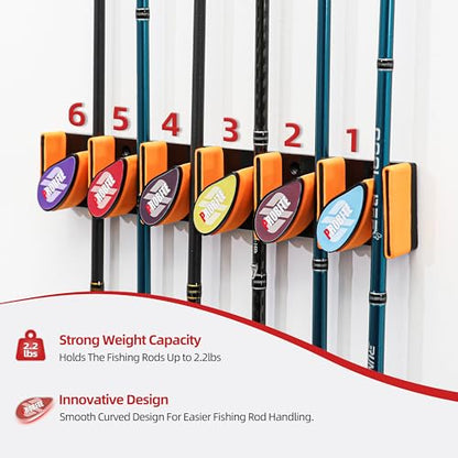 Wall Mounted Fishing Rod Holder for Garage, Horizontal & Vertical Fishing Rod Rack, Fishing Pole Storage with Soft EVA Protective Pad, Holds Up to 6 Rods or Combos, Fits Most Fishing Poles