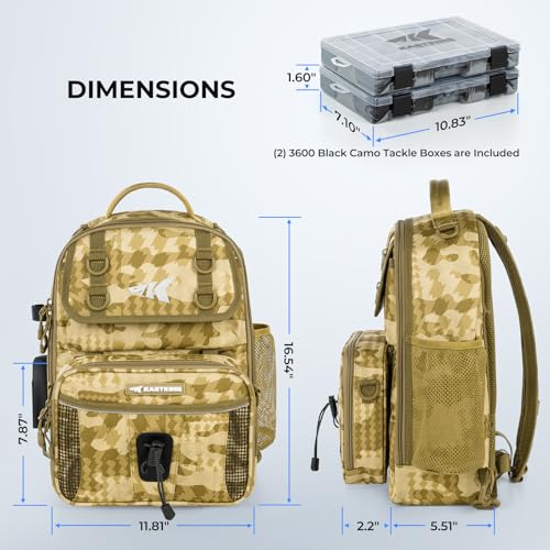 KastKing BaitSpace Fishing Sling Bag, Fishing Backpack with Rod & Beverage Holder, Tackle Bag for Fishing Gear - color: G: Khaki Camo - with (2) 3600 tackle boxes, size: Large