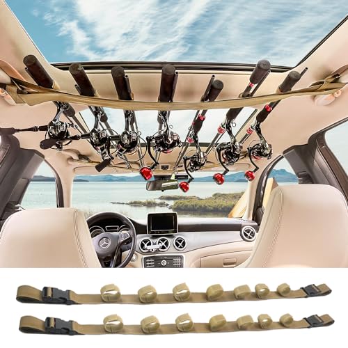 PSKOOK Vehicle Fishing Rod Holder, Fishing Rod Carrier for Car, Fishing Rod Rack 7 Rod Capacity, Heavy Duty Adjustable 33.5-66.9 Inch for SUV/Wagons/Van/Jeep/Truck, No-tool Installation - color: Khaki-7 Rods