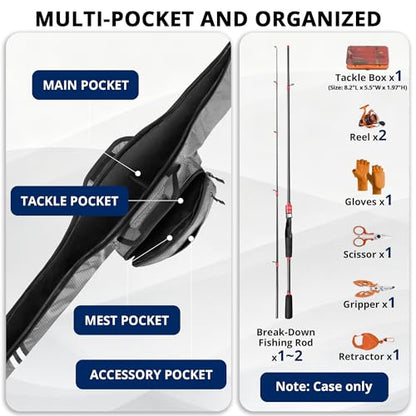 PEKREWS Fishing Rod Case, 52inch Fishing Pole Bag (3.9ft-4.4ft) with Tackle Pockets, Fits Break-Down Spinning, Casting Rod Reel Combo, Padded Soft Rod Bag with Strap Handle, Pole Travel Case, Grey