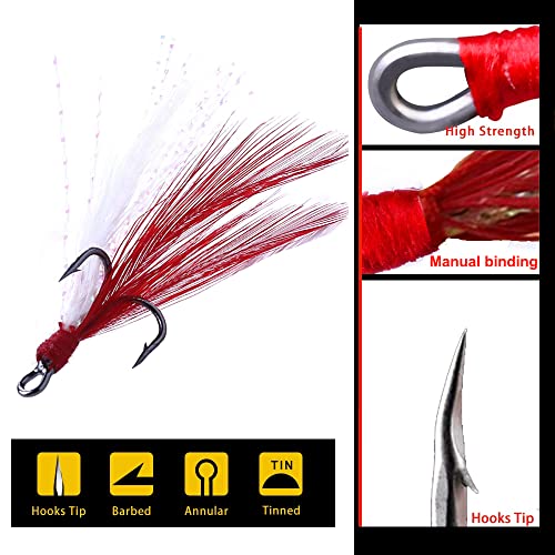 20Pcs Treble Fishing Hooks with Feather Size Stainless Steel Barbed Sharp Triple Fishhook with Box for Saltwater Freshwater - color: 20pcs-Red White Feather, size: 2#