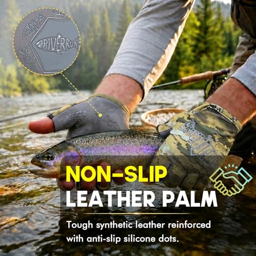 Riverruns SwiftShield Fishing Gloves Shortened Wrist UPF50+ Sun Gloves Fingerless Lightweight Breathable Hiking Driving Kayaking Paddling - color: CamoKhaki, size: X-Large