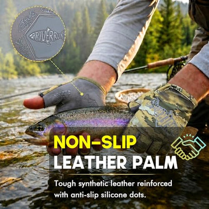 Riverruns SwiftShield Fishing Gloves Shortened Wrist UPF50+ Sun Gloves Fingerless Lightweight Breathable Hiking Driving Kayaking Paddling - color: CamoKhaki, size: Large
