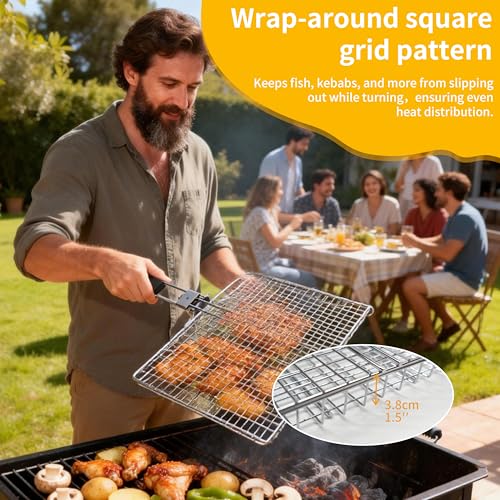 Square BBQ Fish Basket for Grilling suitable for camping | Portable stainless steel grill basket easy to clean, with a locking mechanism, and a heat-resistant wooden handle.