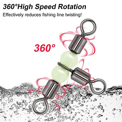 Goture Fishing Swivels, 3 Way Swivels Fishing Tackle, T Shape Cross Line Rolling Swivels with Luminous Beads Saltwater Freshwater,Three Way Fishing Swivels Barrel Swivels for Catfish Rig Surf Rig - color: C:30pcs 3 Way Fishing Swivels-Luminous, size: 5*6