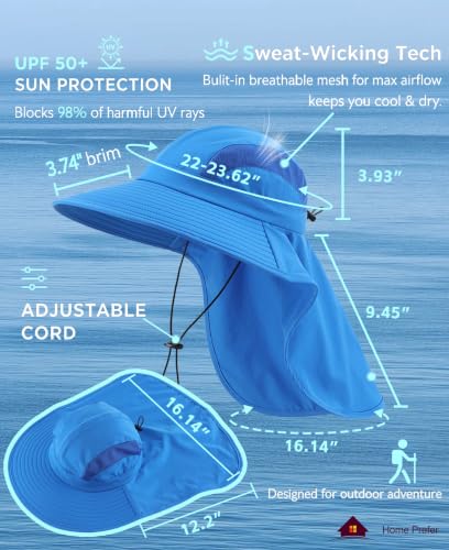 Home Prefer UPF 50+ Sun Hats for Men Women Wide Brim Fishing Hat with Neck Flap UV Protection Sunblock Safari Bucket Hat - color: Bright Blue